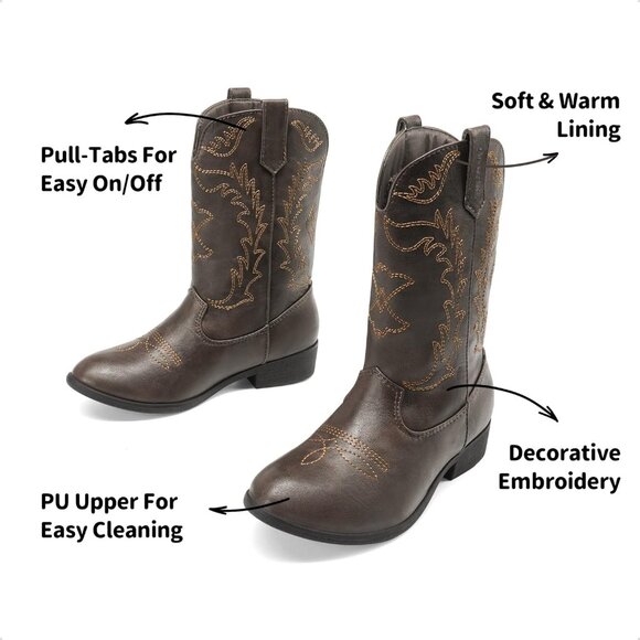 Kids Brown Cowgirl Boots Girls Cowboy Western Mid Calf Pull-On Riding Boots - Picture 4 of 7